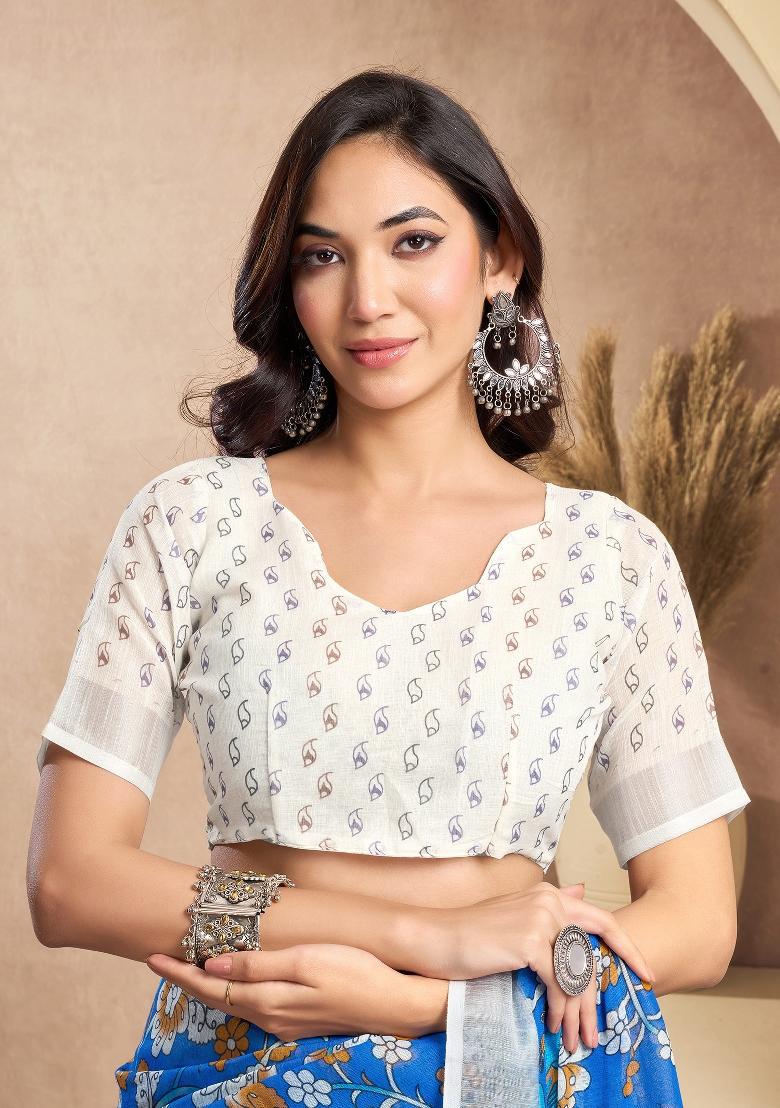 Blue And White Kalamkari Linen Saree Set - Indya