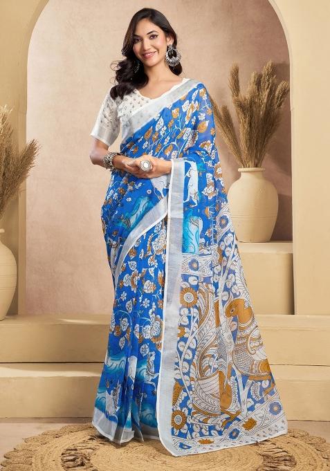 Blue And White Kalamkari Linen Saree Set
