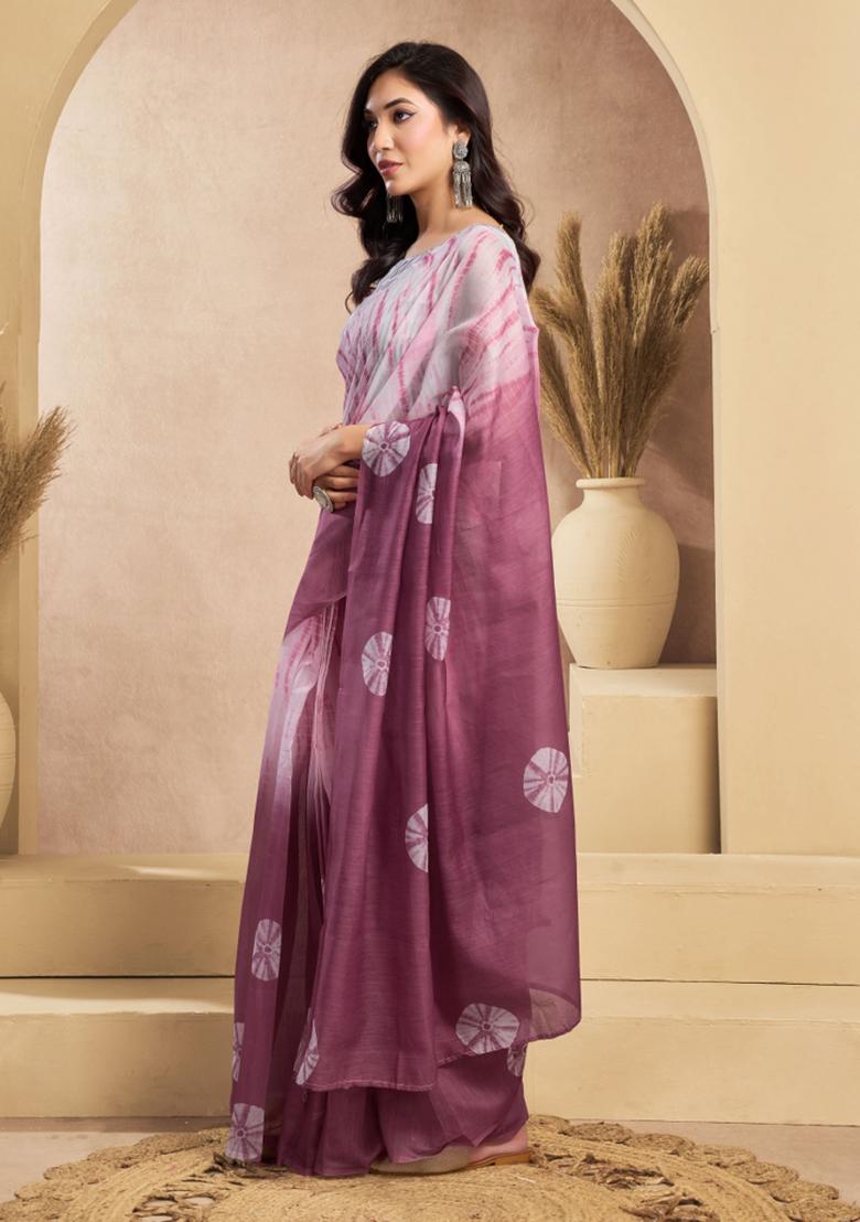 Wine And White Bandhani Linen Saree Set - Indya