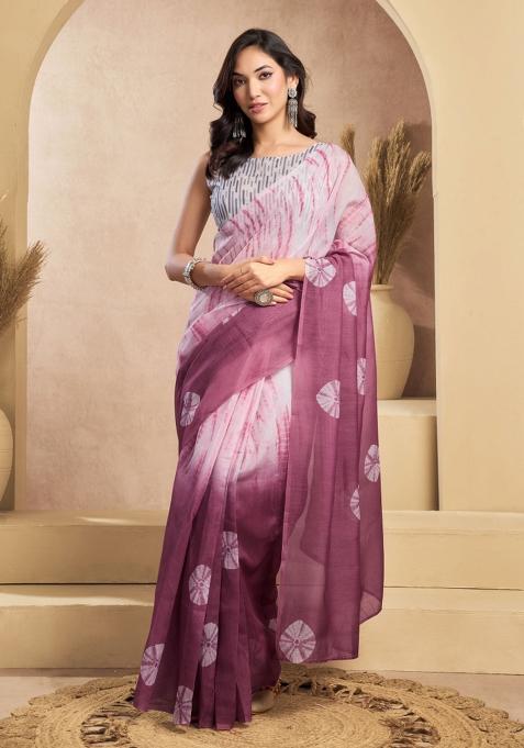 Wine And White Bandhani Linen Saree Set
