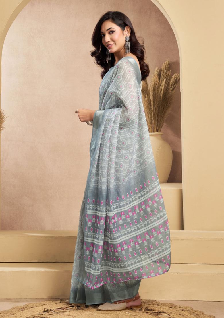 Grey Geomatric Linen Saree Set - Indya