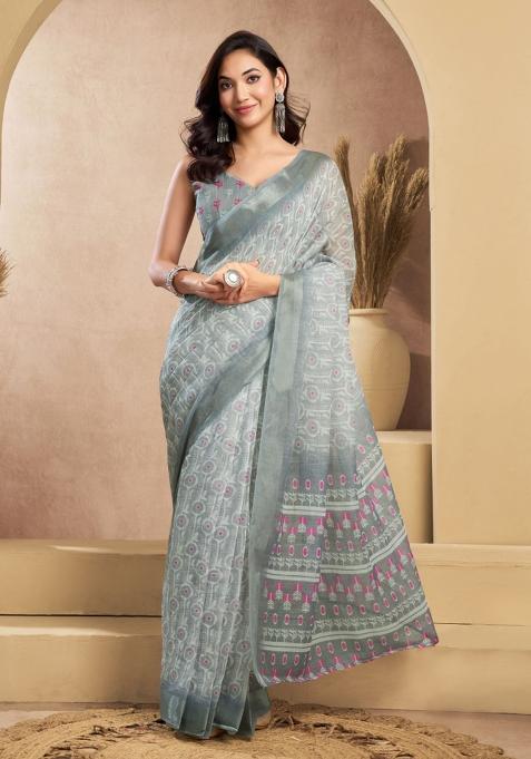 Grey Geomatric Linen Saree Set
