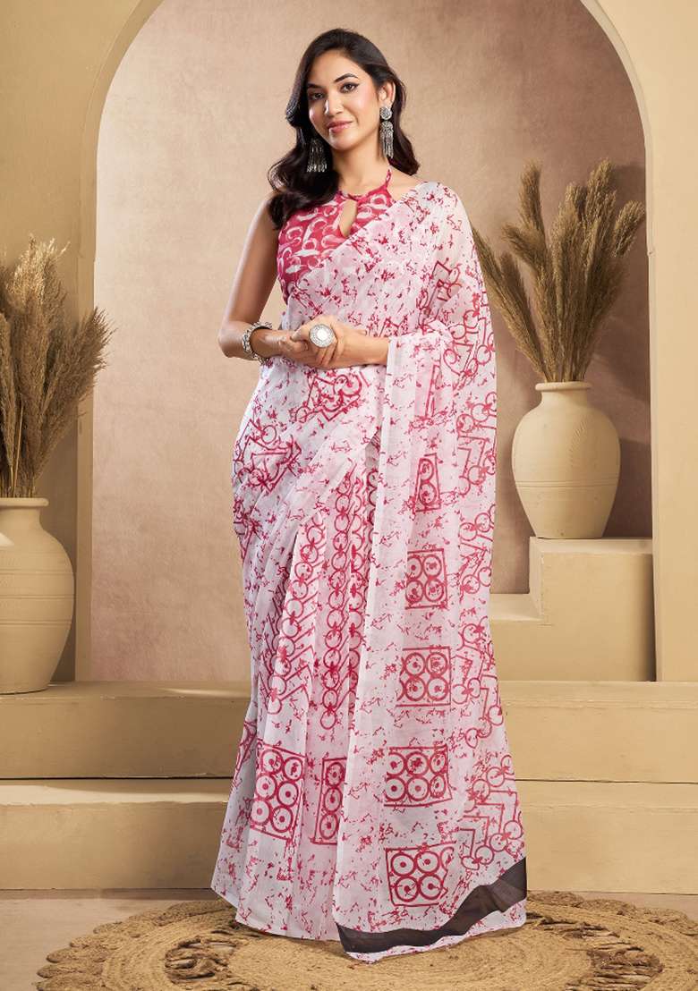 Pink And White Abstract Linen Saree Set for Diwali | Wedding & Festive Wear - Indya