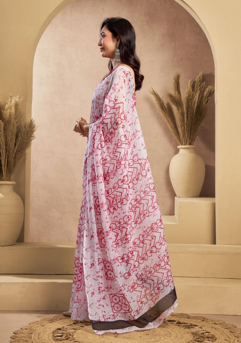Pink And White Abstract Linen Saree Set - Indya