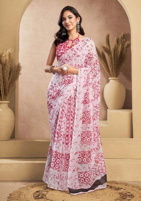 Pink And White Abstract Linen Saree Set