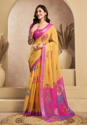 Yellow And Pink Floral Linen Saree Set
