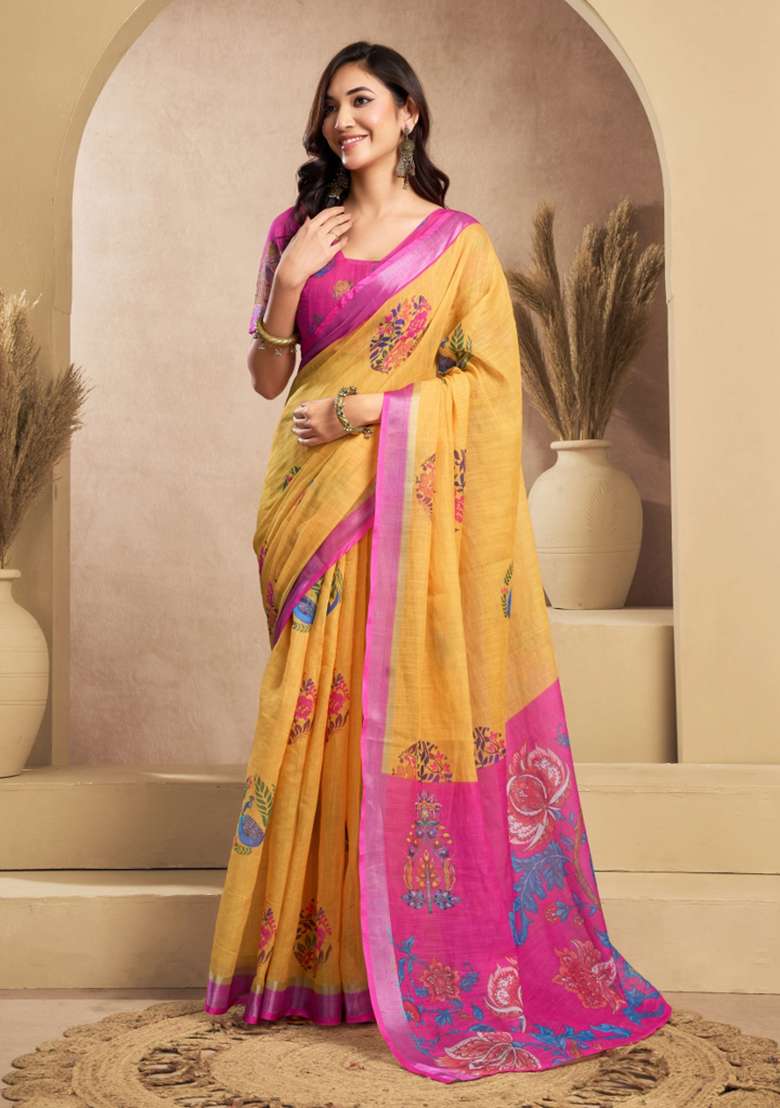 Yellow And Pink Floral Linen Saree Set for Diwali | Wedding & Festive Wear - Indya