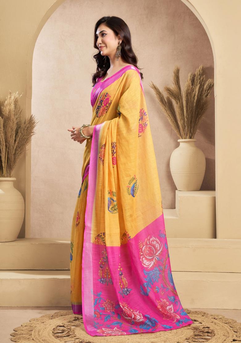 Yellow And Pink Floral Linen Saree Set - Indya