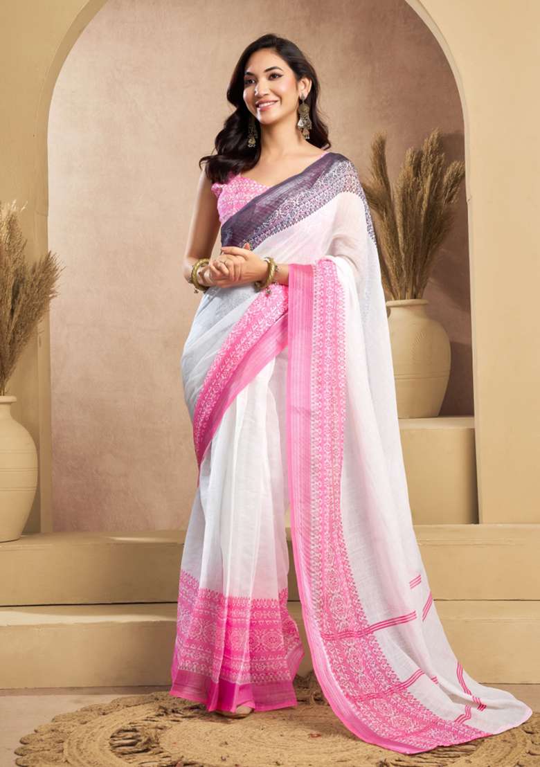 White Plain Linen Saree Set for Diwali | Wedding & Festive Wear - Indya