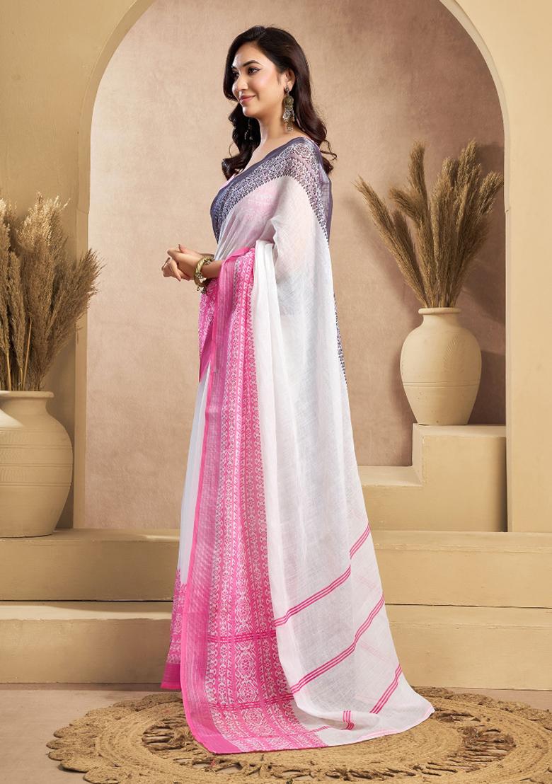 White Plain Linen Saree Set - Indya