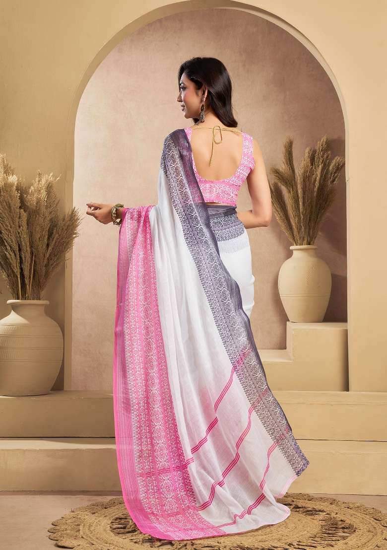 White Plain Linen Saree Set for Diwali | Wedding & Festive Wear - Indya
