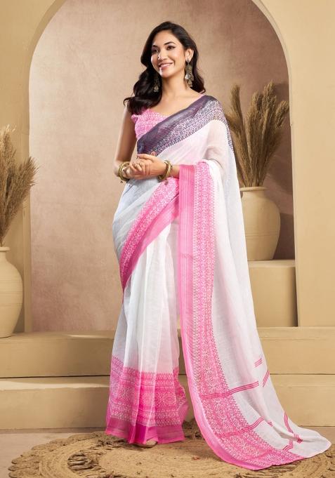 White Plain Linen Saree Set