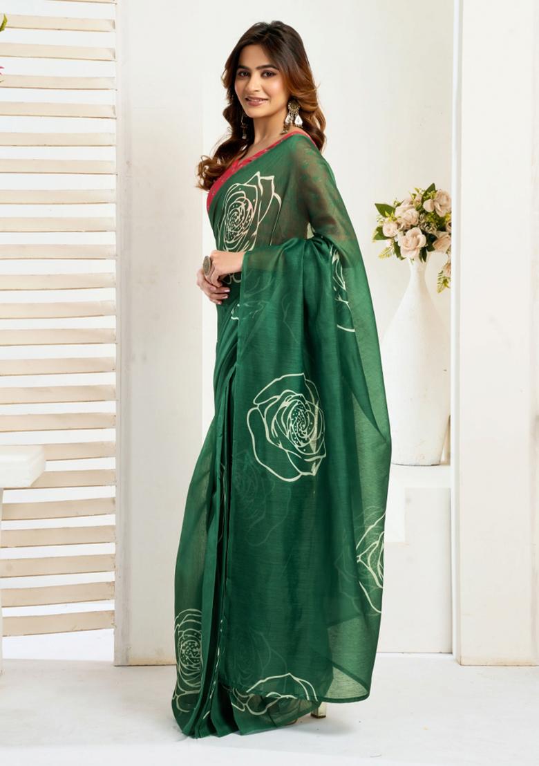 Green Floral Linen Saree Set - Indya