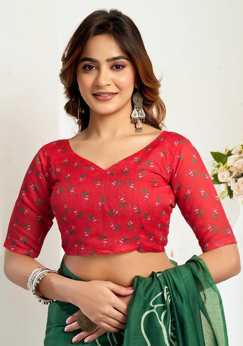 Green Floral Linen Saree Set - Indya