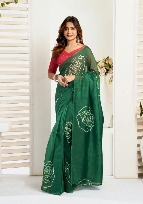 Green Floral Linen Saree Set