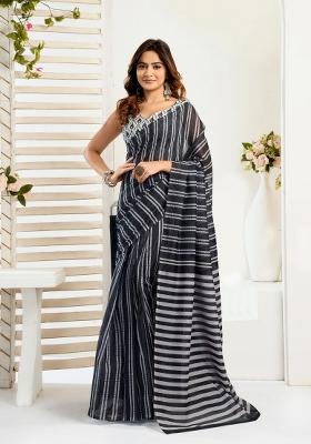 Black And White Striped Linen Saree Set