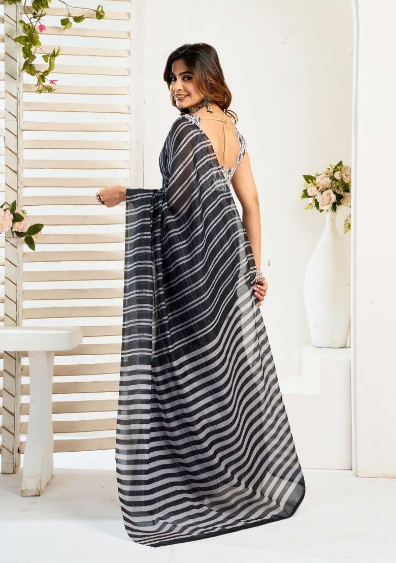 Black And White Striped Linen Saree Set for Diwali and Festive Wear - Indya