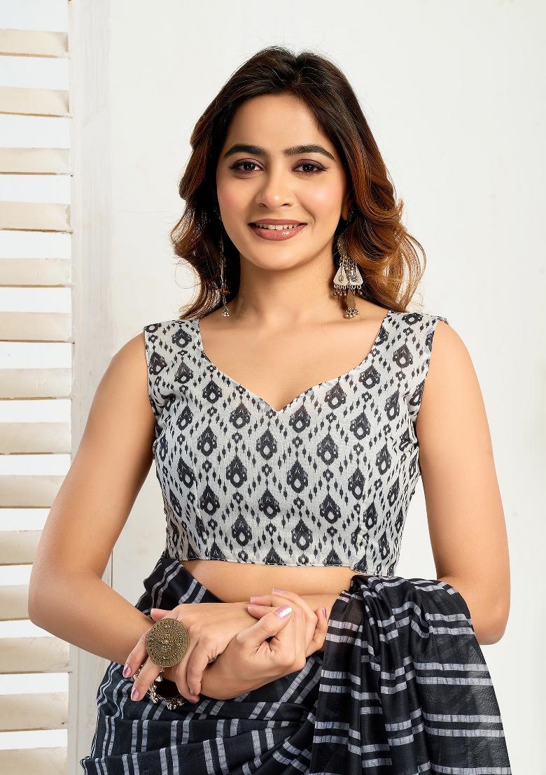 Black And White Striped Linen Saree Set - Indya