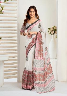 White Floral Linen Saree Set