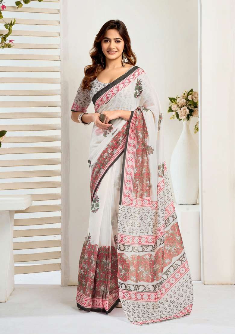 White Floral Linen Saree Set for Diwali | Wedding & Festive Wear - Indya