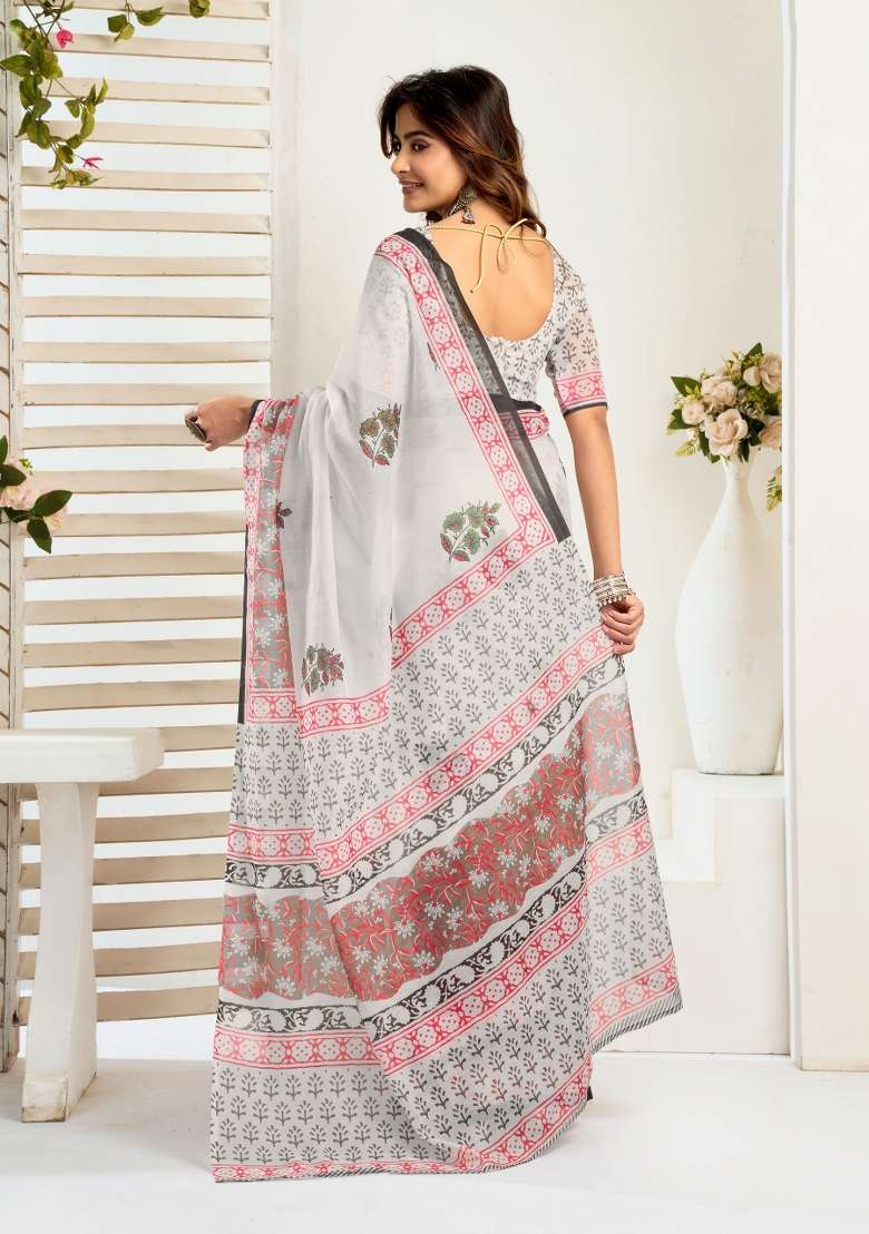 White Floral Linen Saree Set for Diwali | Wedding & Festive Wear - Indya