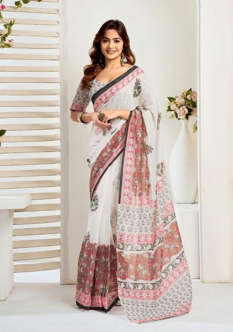 White Floral Linen Saree Set
