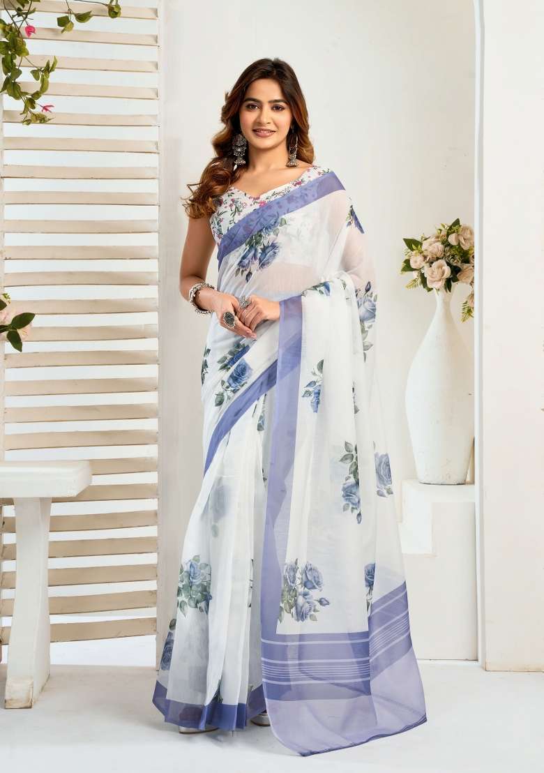 White Floral Linen Saree Set for Diwali and Festive Wear - Indya