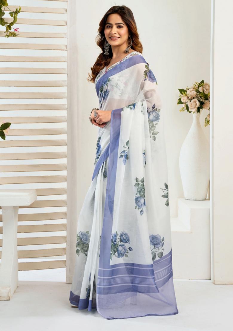 White Floral Linen Saree Set - Indya
