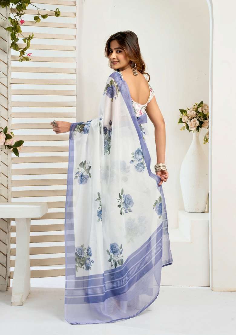 White Floral Linen Saree Set for Diwali and Festive Wear - Indya