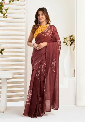 Maroon Floral Linen Saree Set