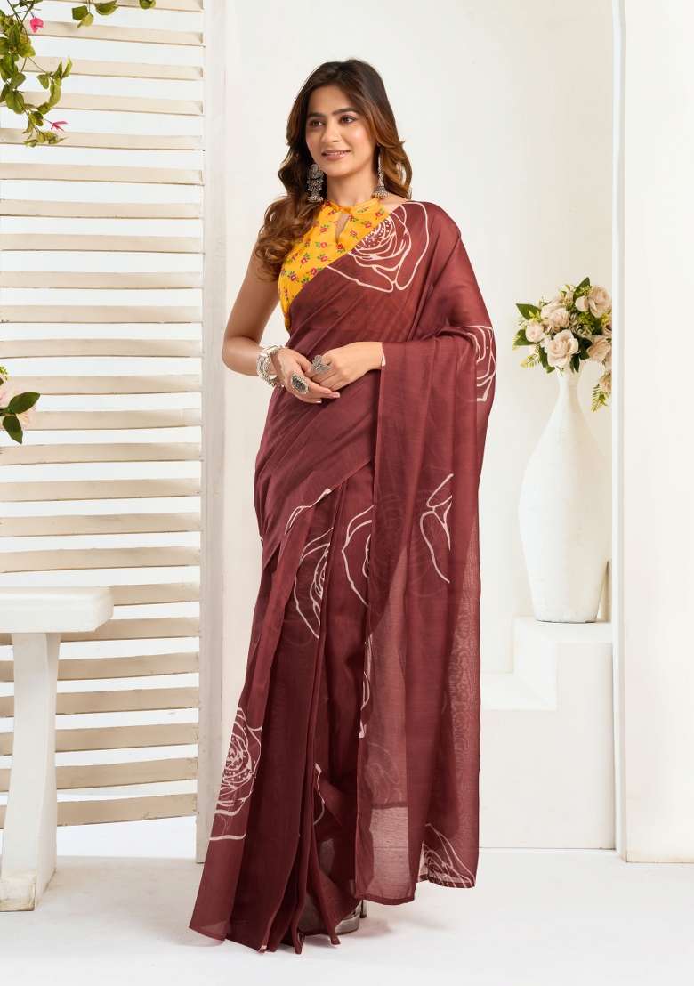 Maroon Floral Linen Saree Set for Diwali and Festive Wear - Indya