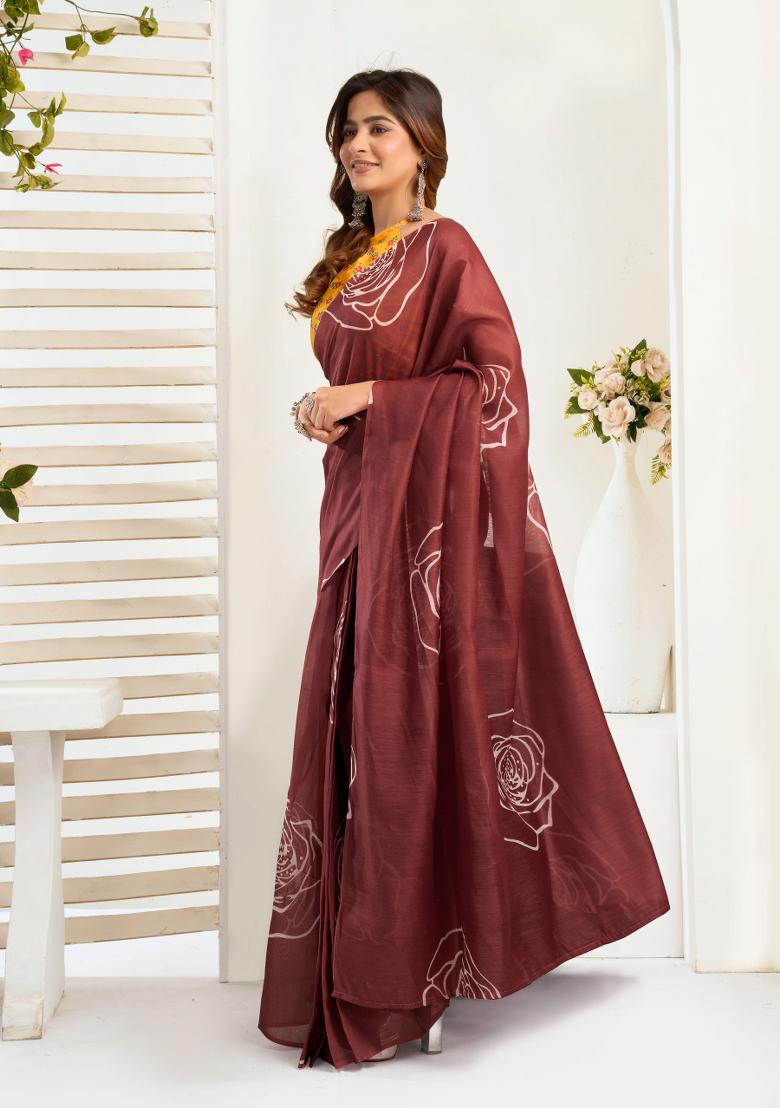 Maroon Floral Linen Saree Set - Indya