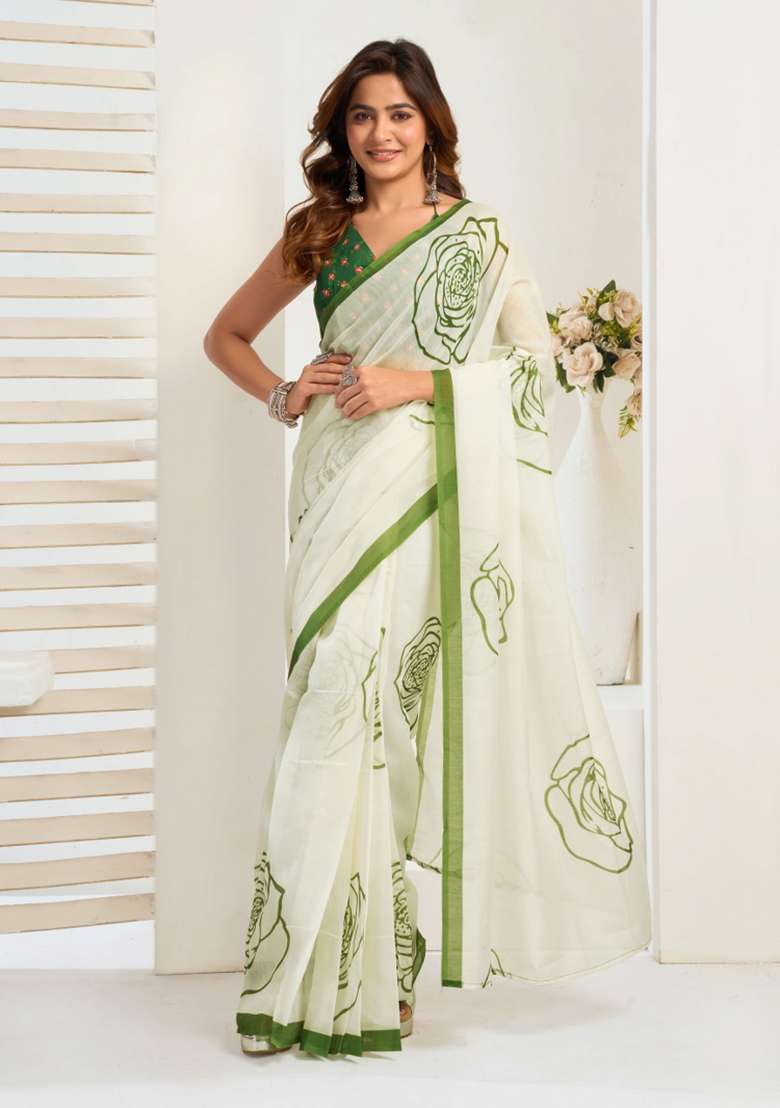 White Floral Linen Saree Set for Diwali and Festive Wear - Indya