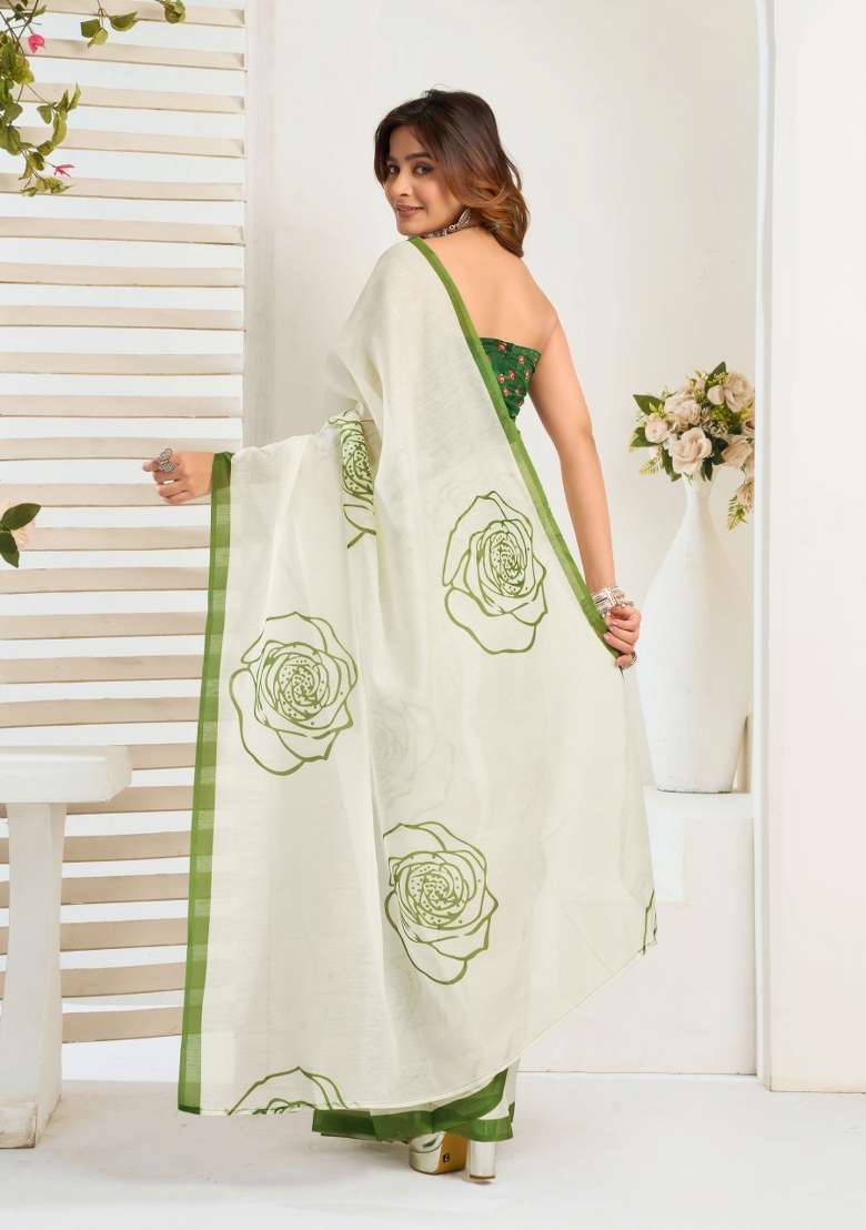 White Floral Linen Saree Set for Diwali and Festive Wear - Indya