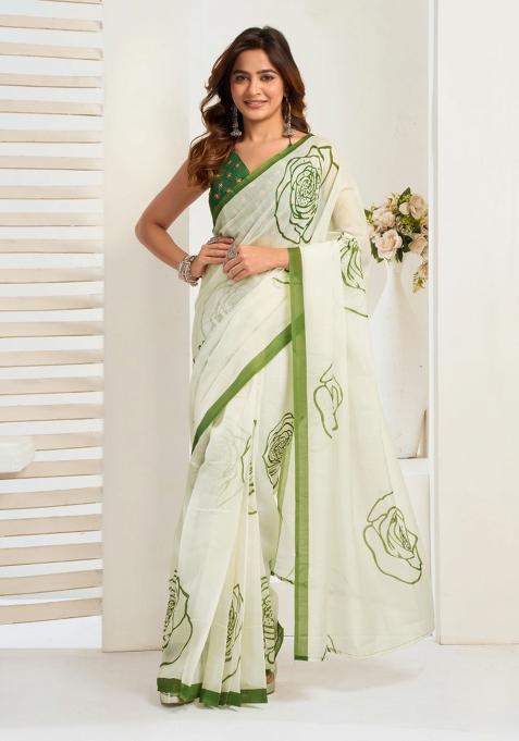 White Floral Linen Saree Set