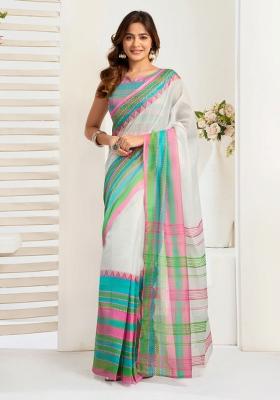 White Striped Linen Saree Set