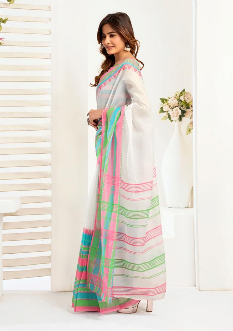 White Striped Linen Saree Set - Indya