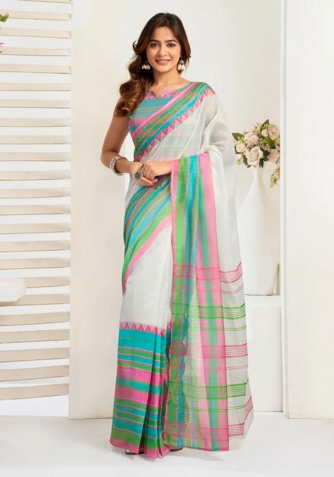 White Striped Linen Saree Set