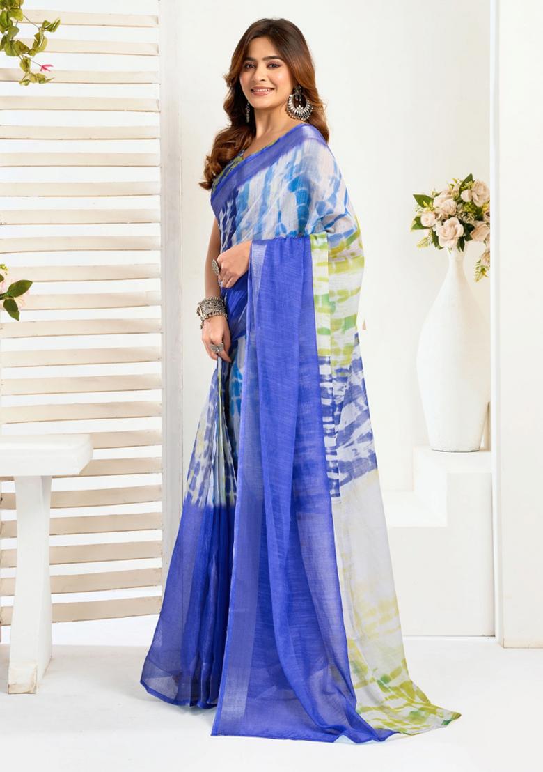 Blue And White Shibori Linen Saree Set - Indya