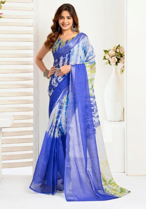 Blue And White Shibori Linen Saree Set