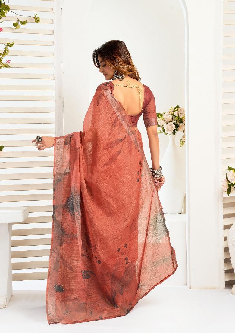 Coral Floral Linen Saree Set - Indya