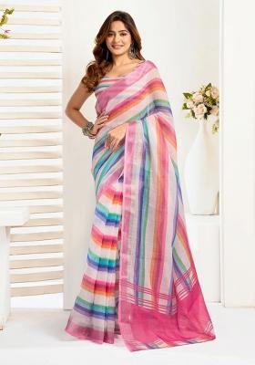 Multicolor Striped Linen Saree Set