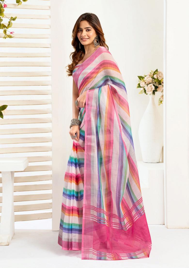 Multicolor Striped Linen Saree Set - Indya