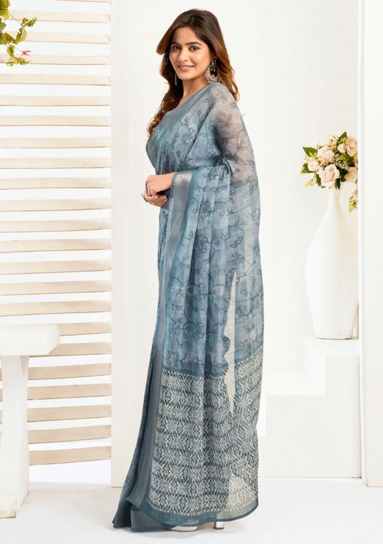 Grey Floral Linen Saree Set - Indya