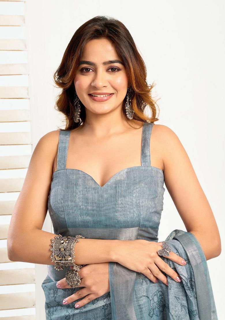 Grey Floral Linen Saree Set - Indya