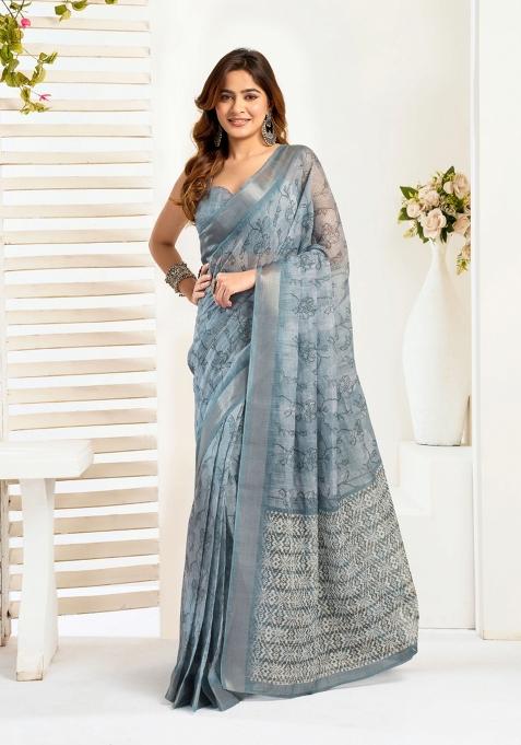 Grey Floral Linen Saree Set
