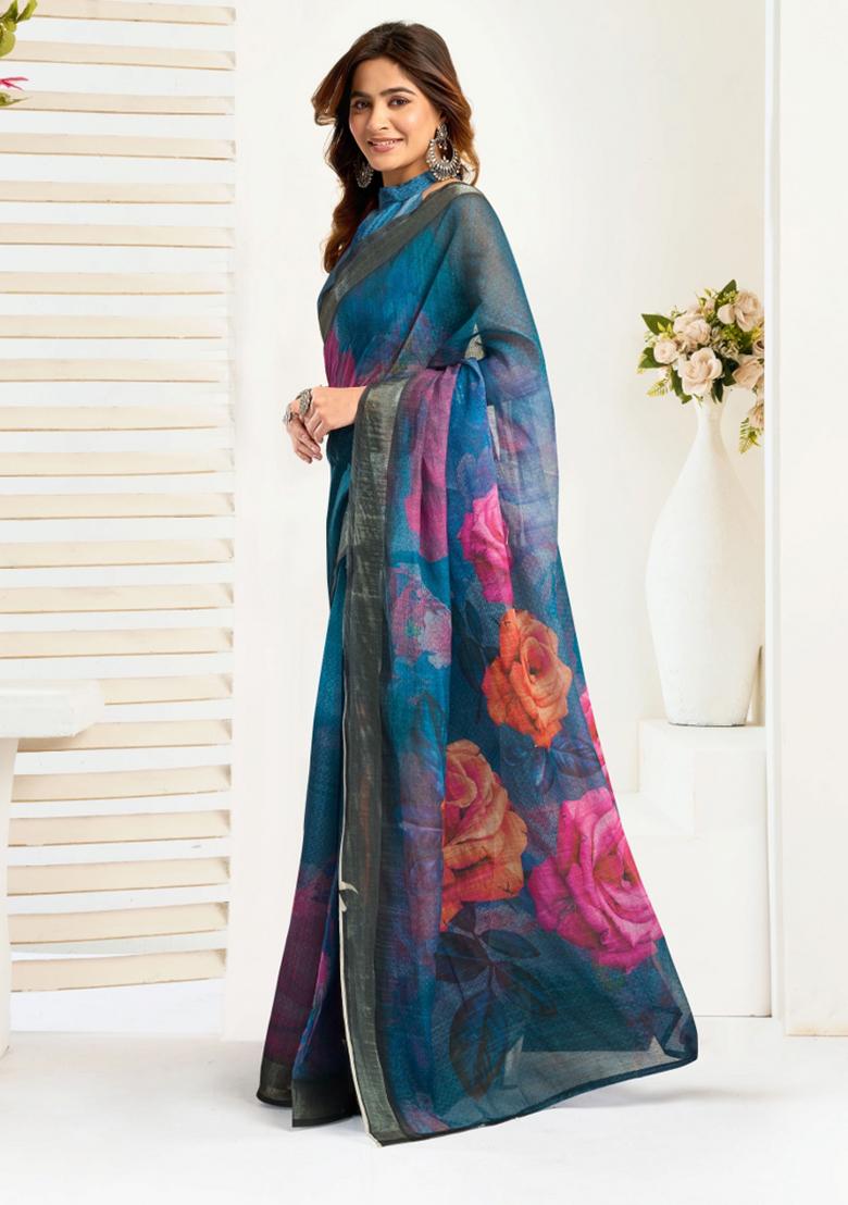 Sky Blue Floral Linen Saree Set - Indya