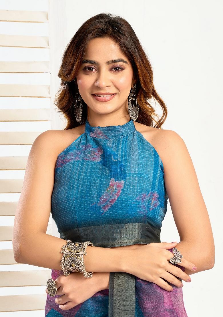 Sky Blue Floral Linen Saree Set - Indya