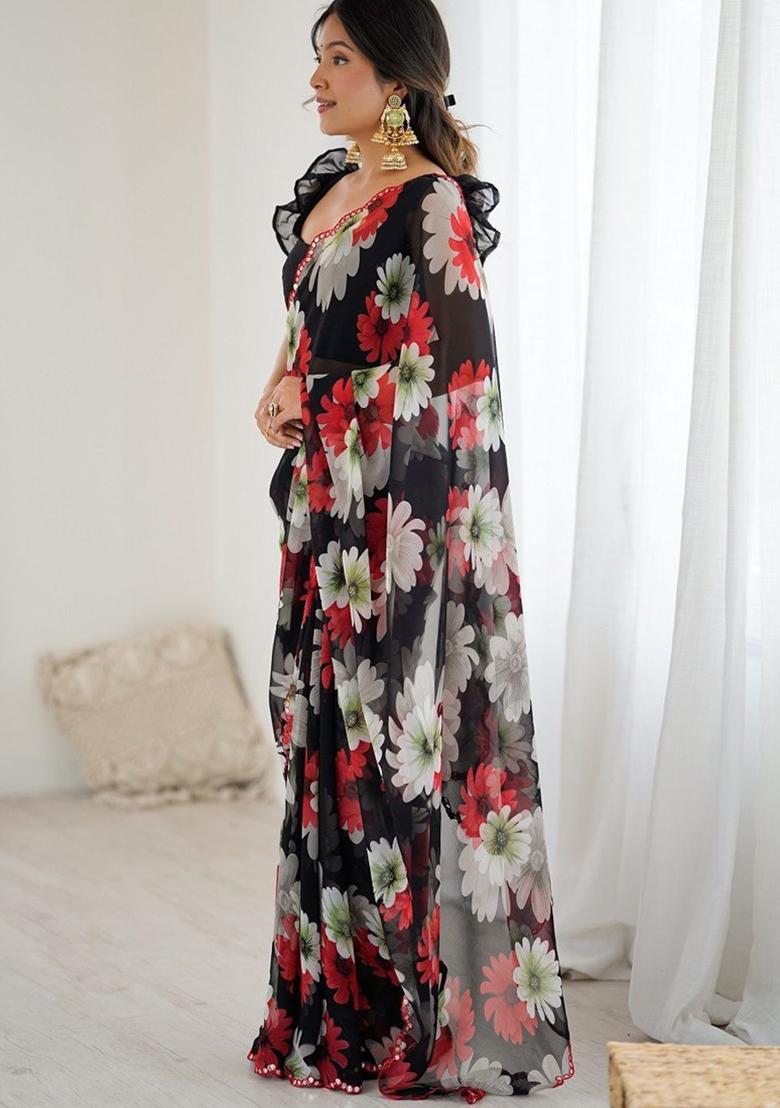 Black Gota Patti Georgette Saree Set - Indya