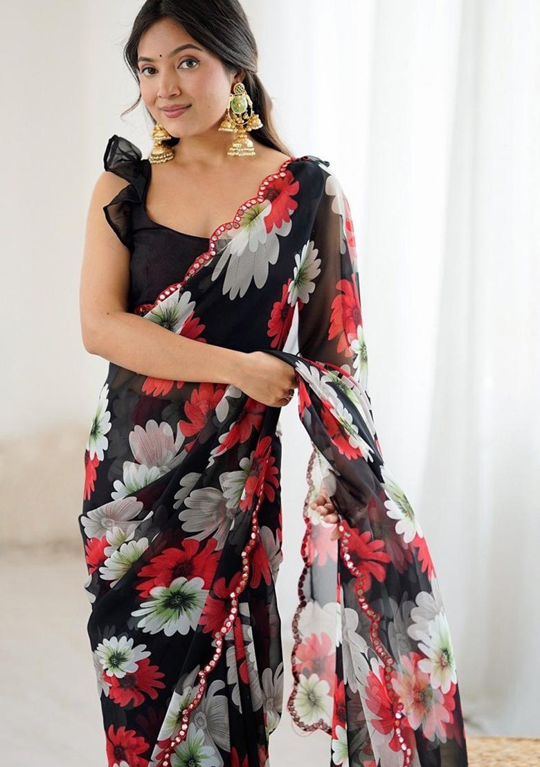 Black Gota Patti Georgette Saree Set - Indya